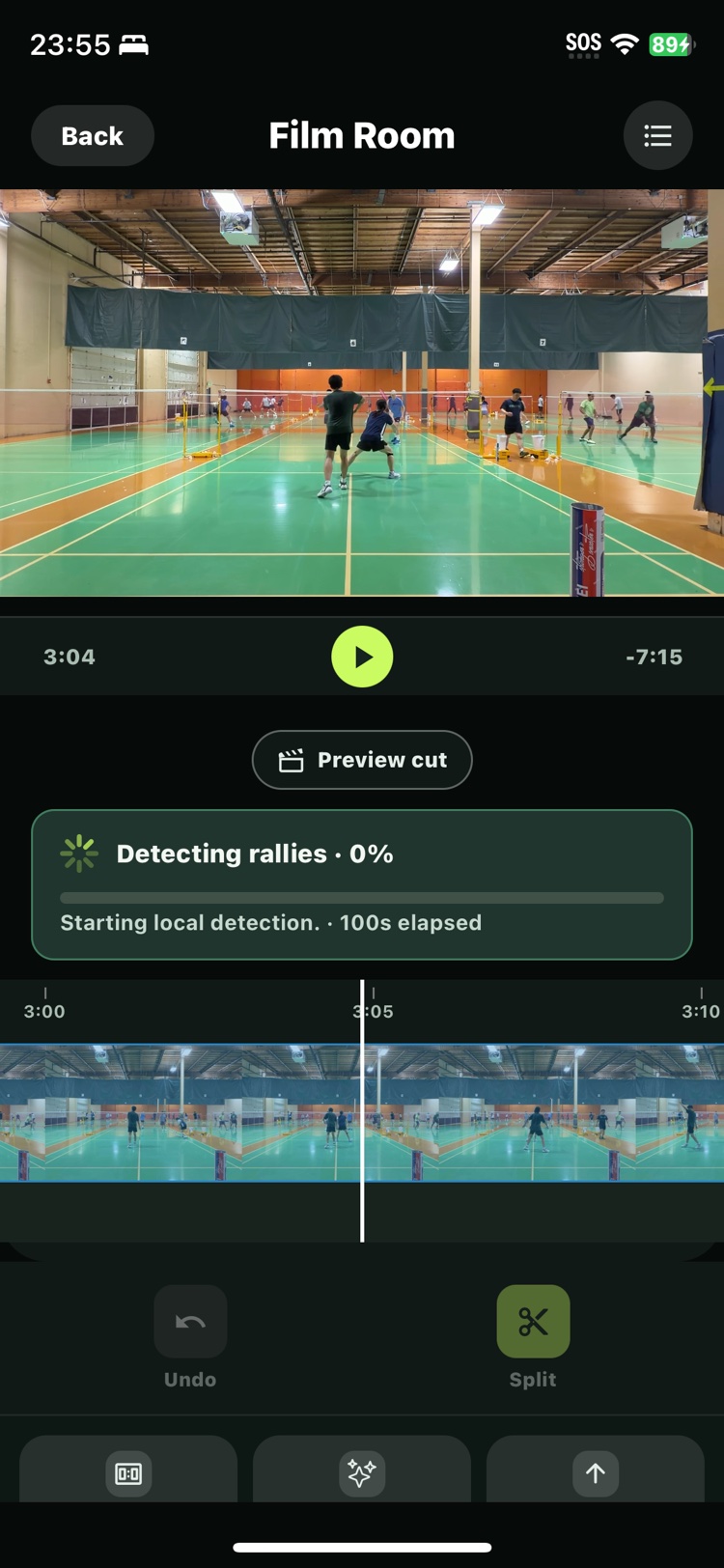 RallyShot detection and review timeline screen