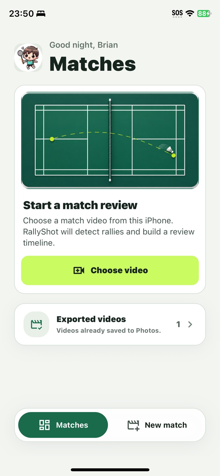 RallyShot home screen for choosing a badminton match