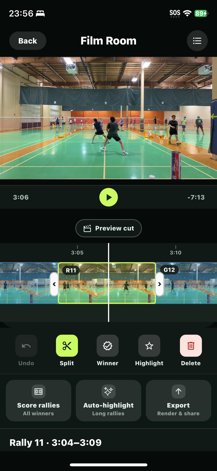 RallyShot review screen showing detected badminton rallies