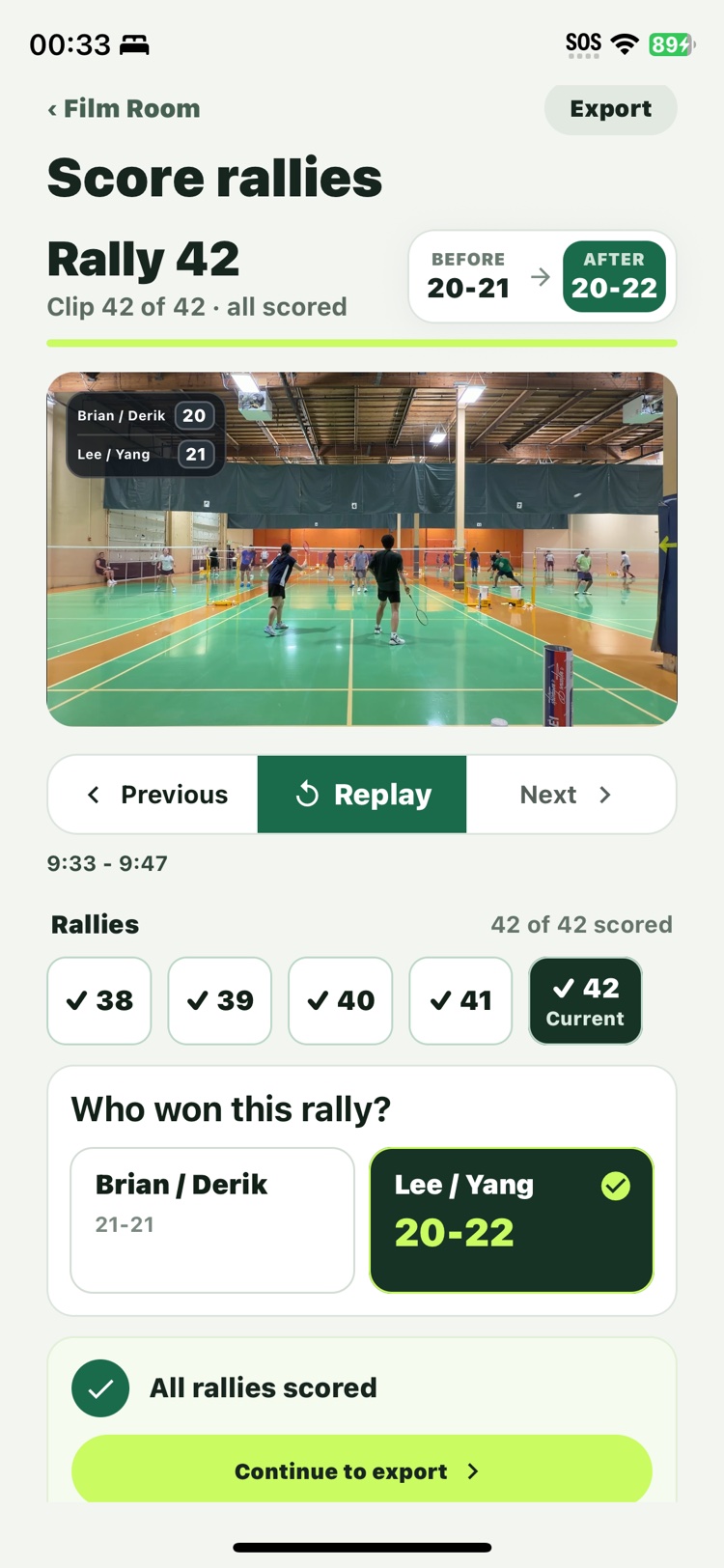 RallyShot score rallies screen with winners and scoreboard